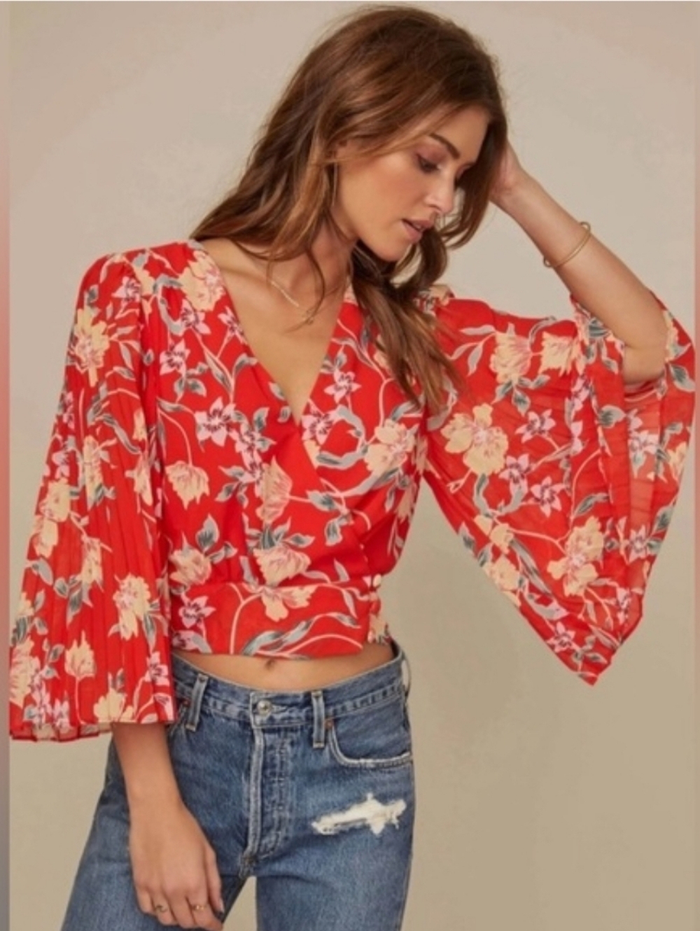 EUC Astr The Label Floral Red V-Neck Wrap Cropped Top w/ Pleated Bell Sleeves -S